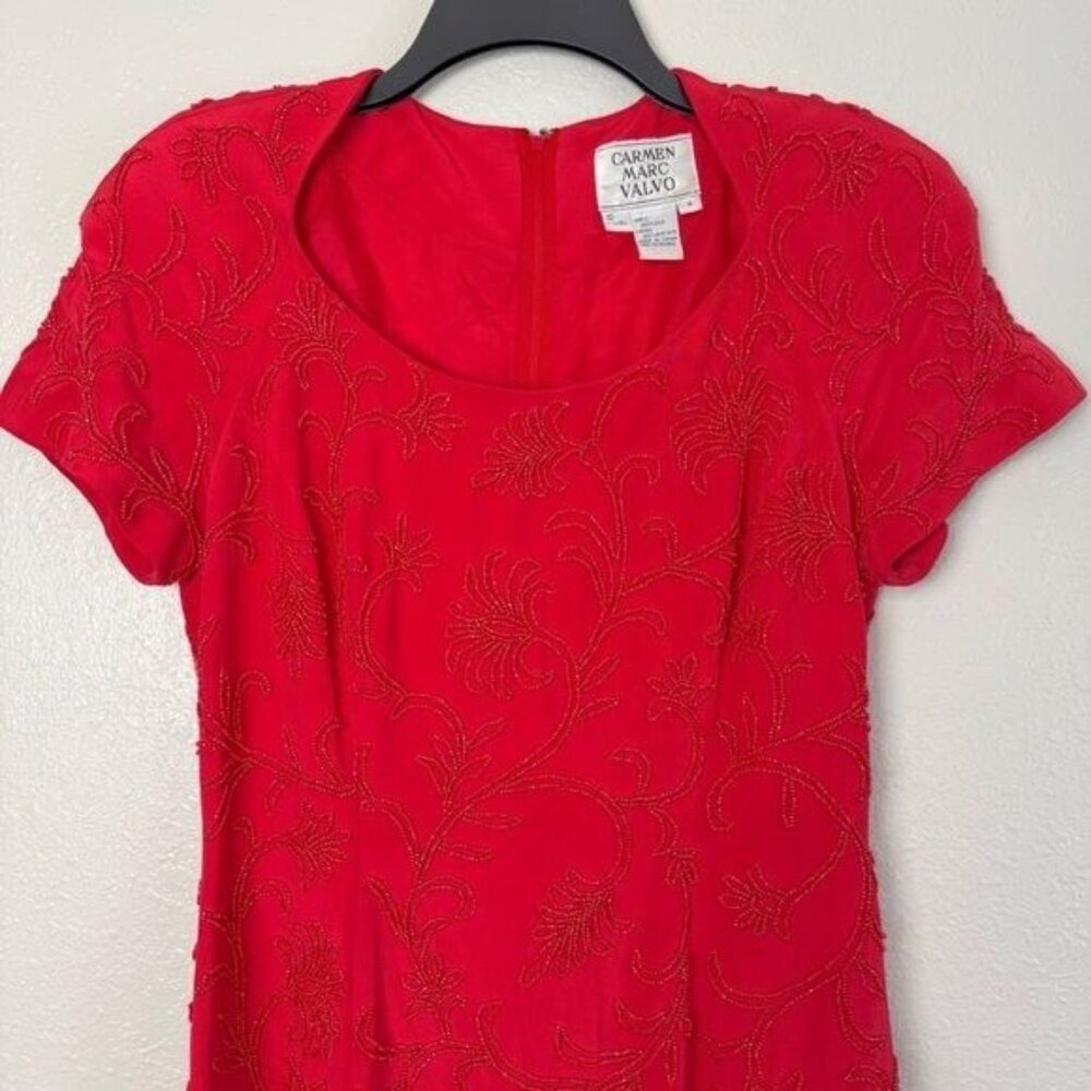 Carmen Marc Valvo silk vintage red floral sequin sheath dress 6 formal - Picture 2 of 13